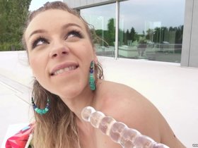 Petite European babe gets anally fucked by the pool